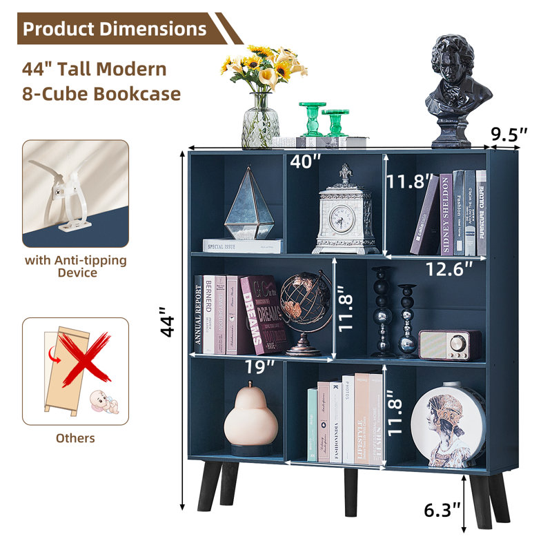 8 Cube Book Shelf,3 Tier Bookshelf With Legs, Modern Open Storage Organizer,Boho Bookcase,Display Cabinet Shelf Free Standing Bookshelves For Bedroom,Living Room,Office