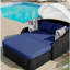 Lit de bronzage extérieur 79,9 "avec auvent réglable, double salon, lit de repos en rotin PE, osier noir et coussin bleu