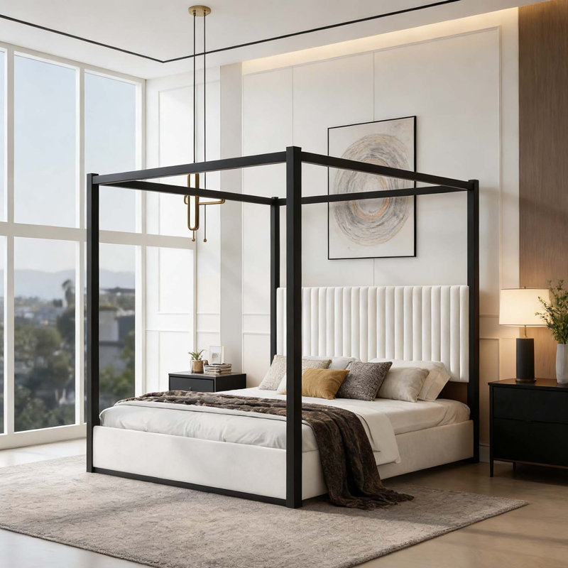 Grand lit plateforme à baldaquin avec tête de lit et structure en métal, Beige, Queen