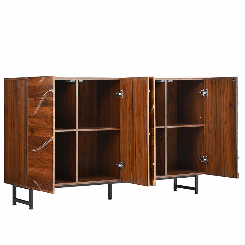 Buffet en bois massif, texture noyer, pieds en fer, armoire de rangement pour le salon