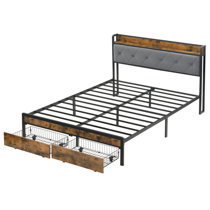 King Bed Frame With Storage Drawers And Led - Lit Headboard, Charging, Grey, No Box Spring, Quick Assembly, Modern Bedroom Decor, Metal Structure For Long Lasting, Noise Lights Remote, 2 Drawers,