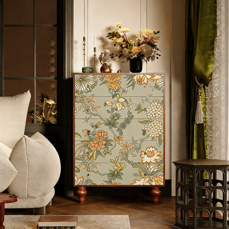 Armoire de rangement à 5 tiroirs en bois massif à imprimé floral, Noyer