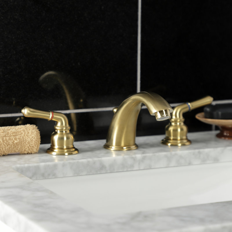 Kingston Brass Magellan Two-Handle 3-Hole Deck Mount Widespread Bathroom Faucet with Retail Pop-Up Drain, Satin Brass