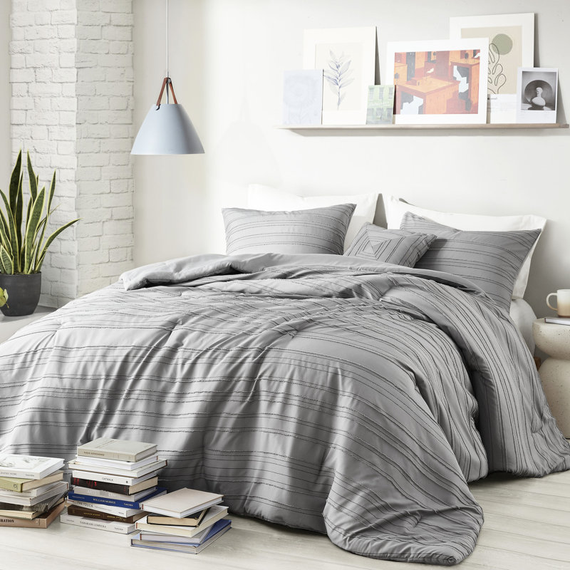 Édredon double / grand gris, pince 4 pièces, coffre-fort, avec coussin décoratif, lavable à la machine, avec motif tissé et 2 taies décoratives, étiquetées, taies décoratives, rayures
