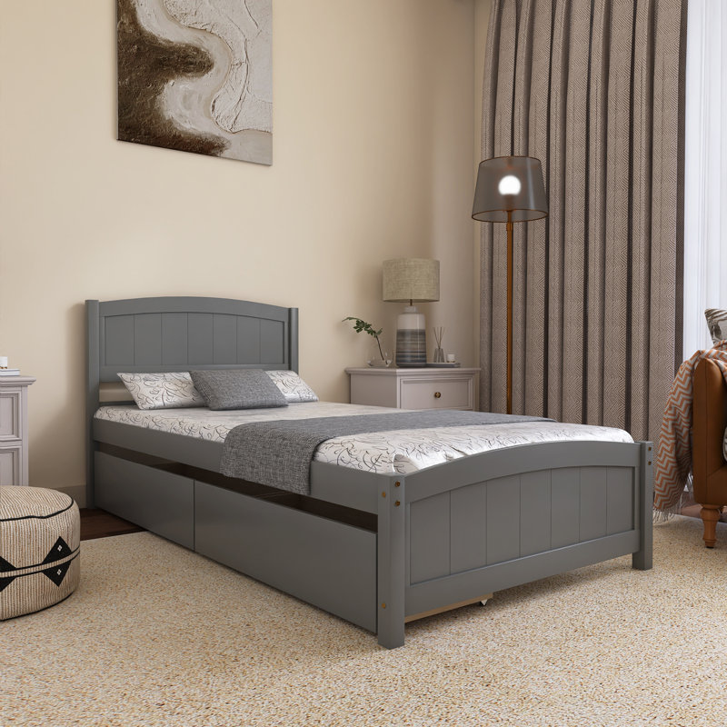 Lit plateforme simple en bois avec 2 tiroirs, Gris
