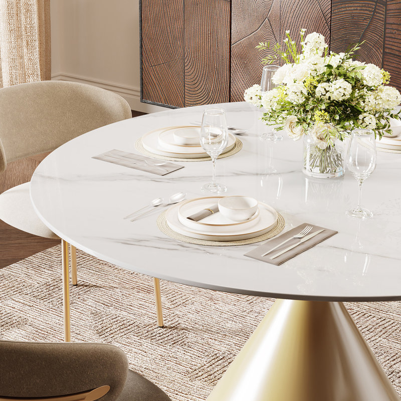  Suzzie 47" Sintered Stone Round Dining Table For 4-6, Snow Mountain White