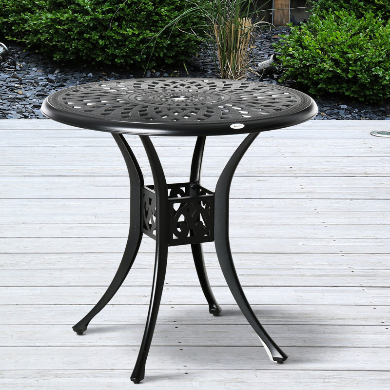 Table bistro ronde noire de 30 po avec trou pour parasol, table de salle à manger d'extérieur en fonte d'aluminium. Structure rouille, configuration de base stable, pieds réglables
