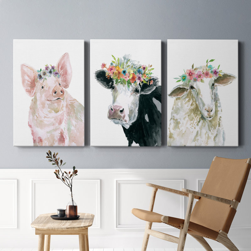Flower Crown Sheep - ensemble de 3 reproductions d'art sur toiles tendues, H 48 po x l 96 po x P 1 po