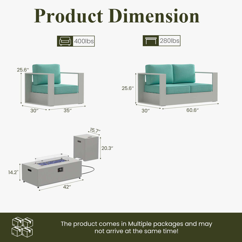 Modern Outdoor Aluminum 4-piece Conversation Set With Firepit Table, Teal Cushion/White Frame