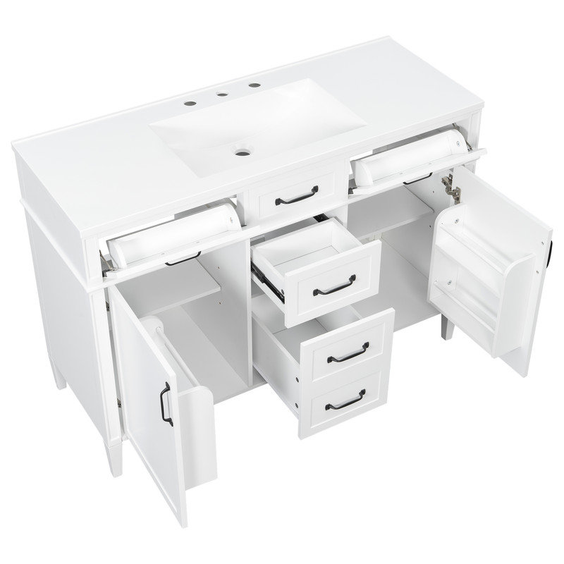 48" Freestanding Modern Single Bathroom Vanity with Ceramic Sink Top,Bathroom Storage System, Blanc
