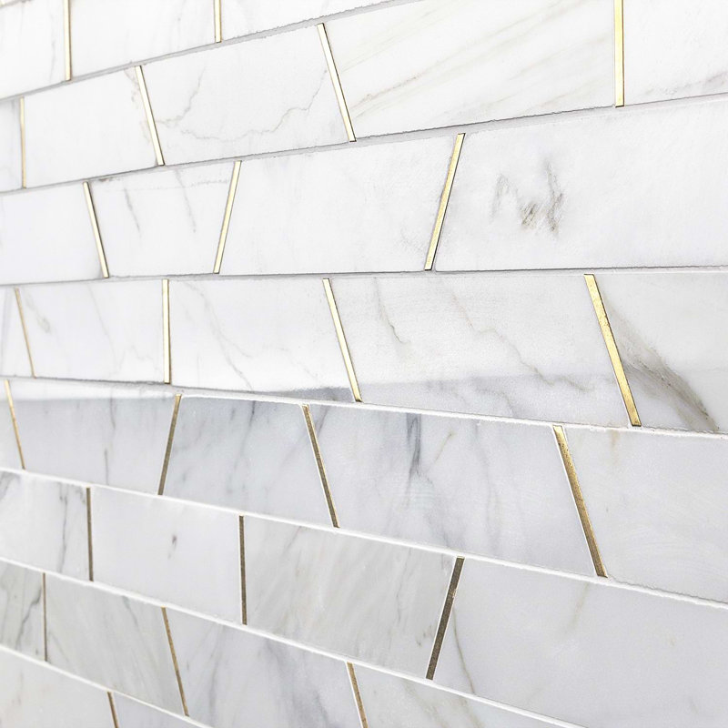 Matrix 10x25 Trapezoid Calacatta Marble and Brass Mosaic Tile