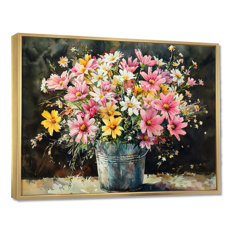 «Country Chic Floral Mix Bouquet II», art mural assorti, H 12 po x l 20 po, Cadre flottant, Doré