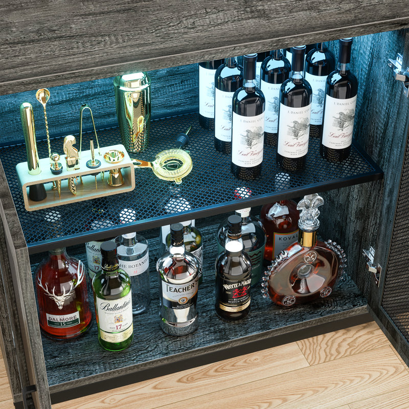 Kyzier 45.27'' Coffee Wine Bar Cabinet with LED Light, Sideboard With 3 Drawers, Gray