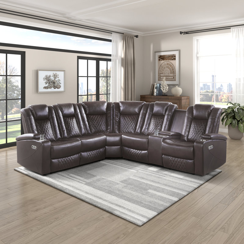 Yehudah 113.5" Faux Leather Reclining Sectional Sofa with Left Hand Facing Storage Console