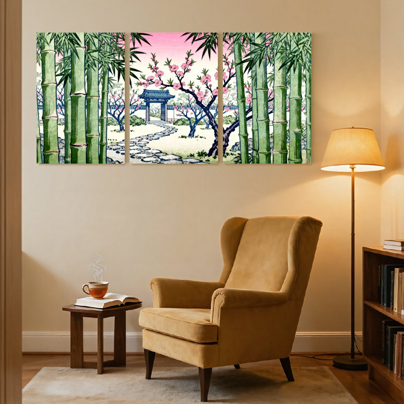 Ensemble de 3 impressions sur toile Bamboo Garden Cherry Blossom Pathway Reflection, H 24 po x l 48 po