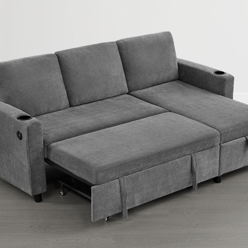  Canapé-lit extensible de 84 po à 3 places avec canapé en L et méridienne avec rangement, Gris foncé