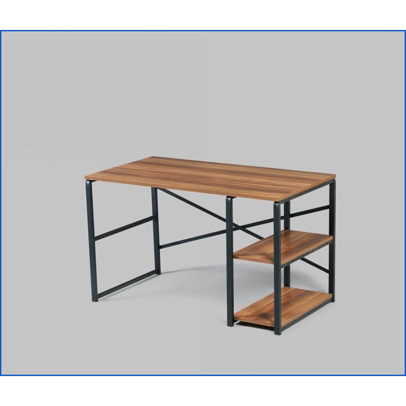 Bureaux: bureau industriel de 47 po avec 2 tablettes, structure en métal noir sauge, plateau en noyer | Noir | Bois massif