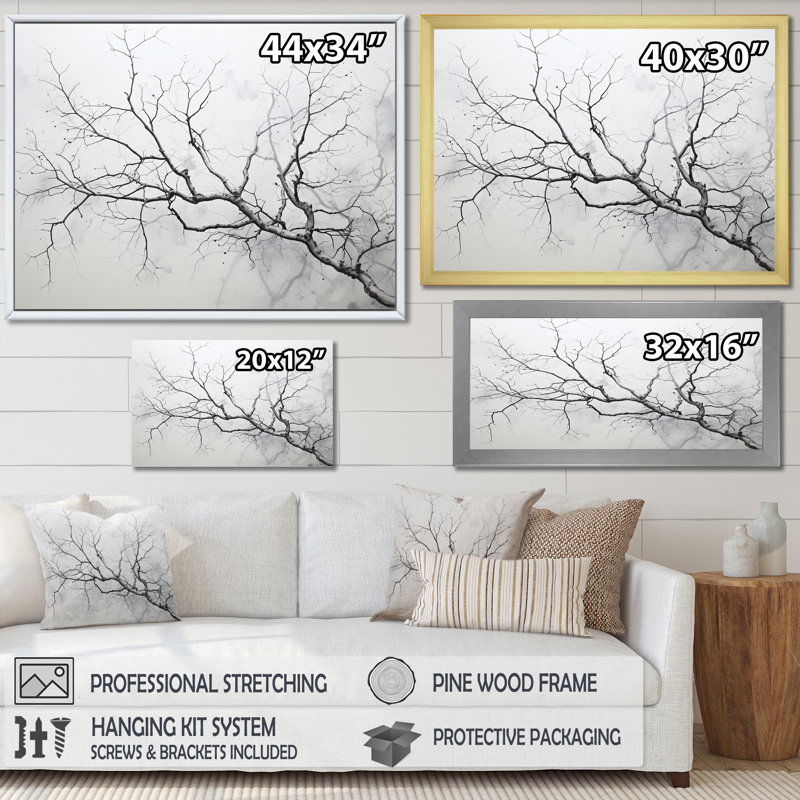 «Grey Minimalisme Tree Birch III», reproduction sur toile, H 12 po x l 20 po x P 1 po, Cadre photo doré simple