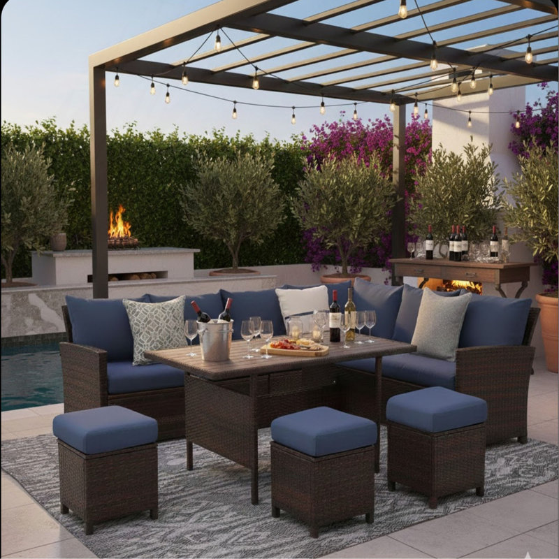 Canapé modulaire d'extérieur en osier 7 pièces 7 pièces avec coussins et table de salle à manger, Bleu