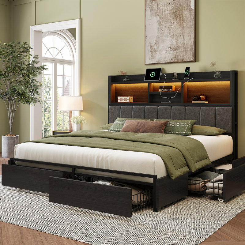 Bed Frame With 6 Storage Drawers, Linen Upholstered Headboard, Built In Charging Station And Led, Queen, Black