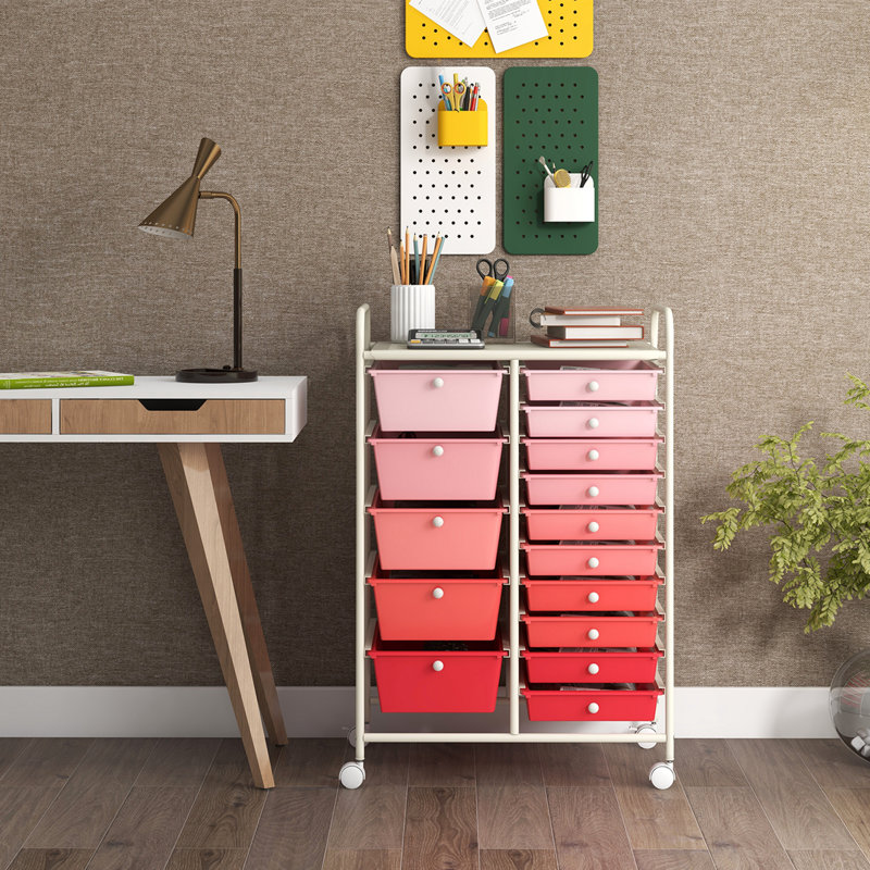 Commode de rangement roulante 15 tiroirs Hoffman, Rose