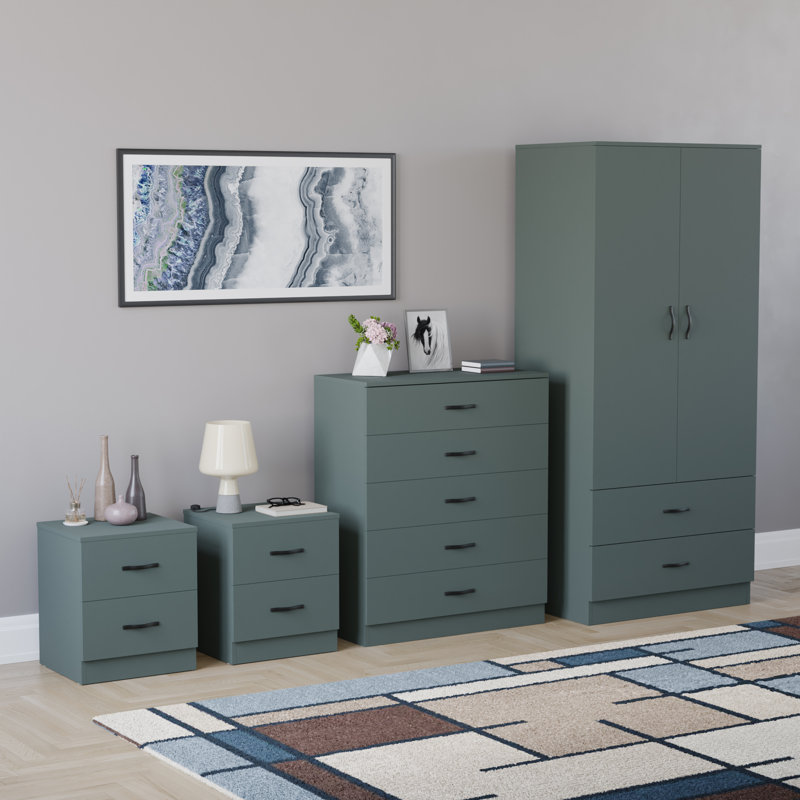 Tayce 4 Piece Bedroom Set (2 Drawer Bedside Chest X2, 5 Drawer Chest, 2 Door 2 Drawer Wardrobe, Green