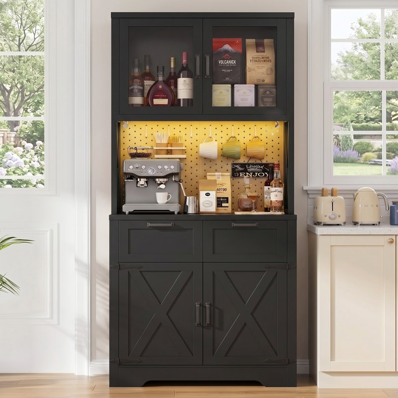 Armoire de rangement 71 "avec prise de courant, grande armoire de rangement avec support pour micro-ondes, Noir mat
