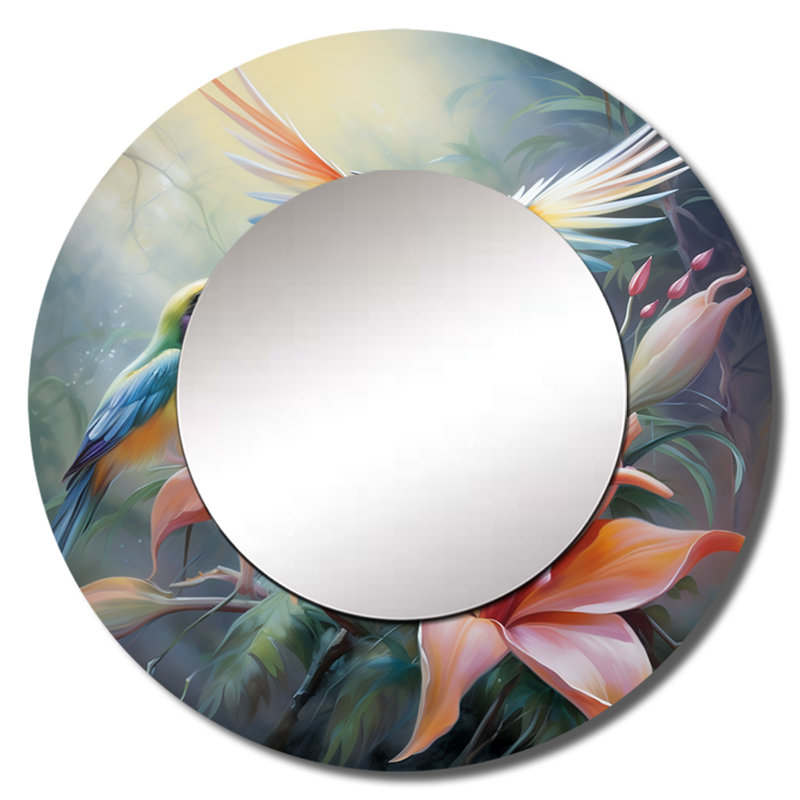 Tropical Flowers with Beautiful Bird - Birds Of Paradise Large Mirror, Peach Round Decorative Wall Mirror, Printed Metal Art