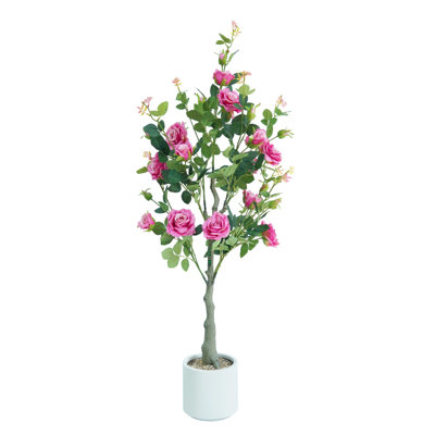 47.2" Artificial Rose Tree, Faux Silk Flower Plant with Full Leaves & Rose Blooms, Realistic Plastic Trunk, Decorative Indoor Tree for Living Room, Home, Wedding Décor