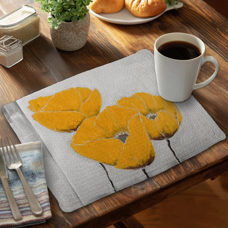 Ensemble de 4 napperons en polyester tressé - Trois fleurs jaunes, Gris/Jaune