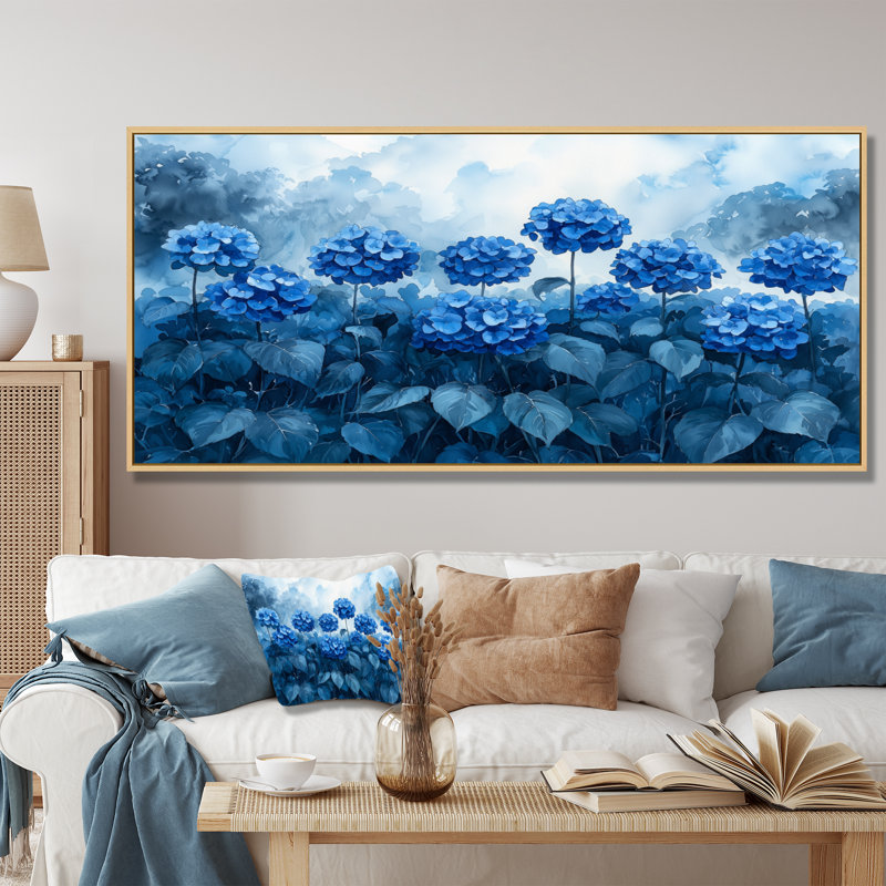 Jabel hortensias dans une tempête d'été - hydrangées, art mural, Argent argent, H 28 po x l 60 po, Floater Framed