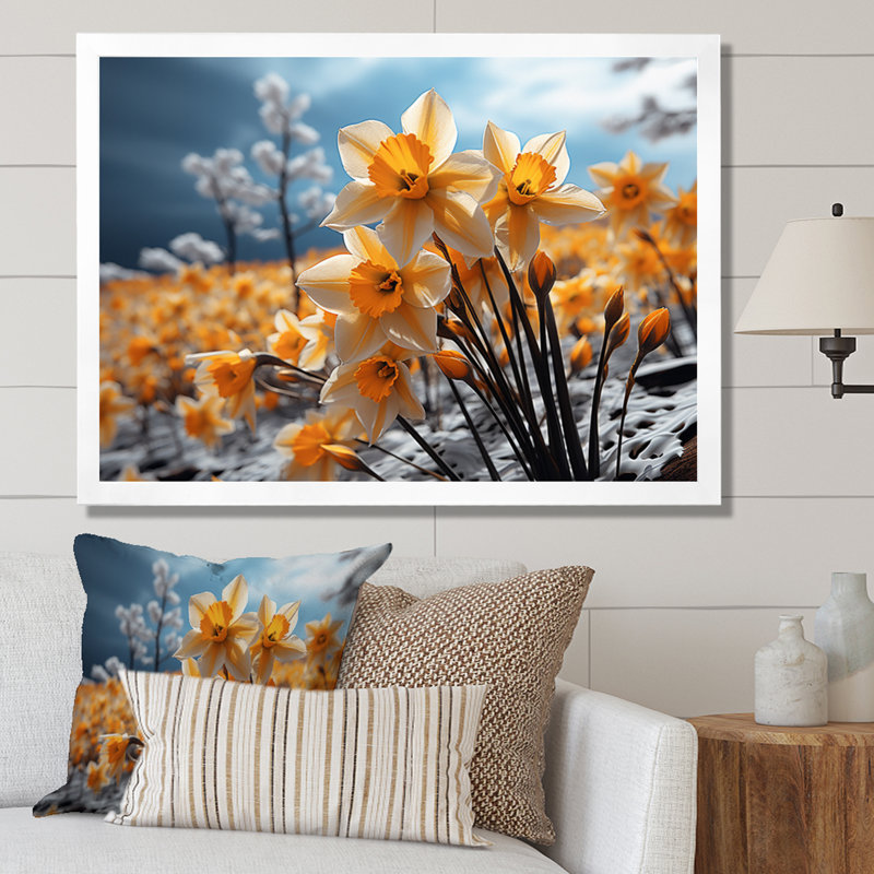 Daffodils Field Yellow Vibrant II - Imprimé, H 16 po x l 32 po x P 1 po, Cadre simple blanc