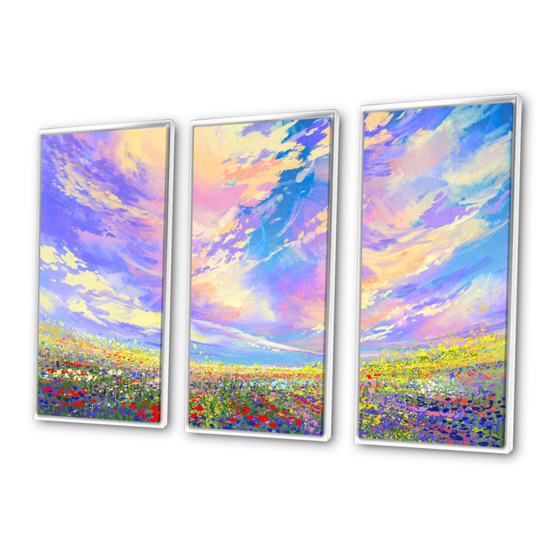 Fleurs colorées dans un champ sous de magnifiques nuages - ensemble d'art mural sur toile traditionnel encadré de 3, Blanc