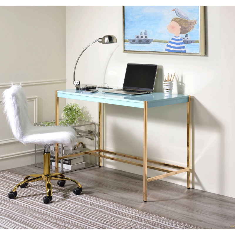 Bureau d'écriture bleu marine et doré avec ports USB, Navy Blue/Gold