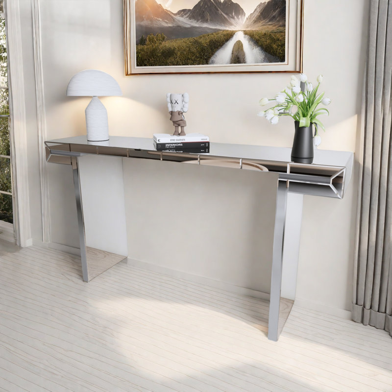 Luxury Full-length Mirror Console Table With Fluted Tempered Glass And Rounded Edge