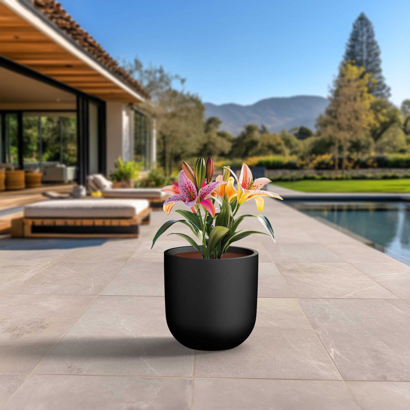 Grand pot à fleurs rond en béton avec trous de drainage (intérieur amélioré), H 16,54 po x l 16,54 po x P 16,54 po