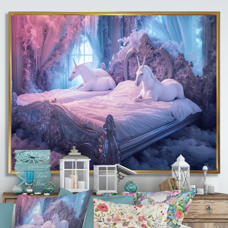 Lit de licorne gracieuse I sur toile, H 24 po x l 32 po x P 1 po, Cadre flottant doré