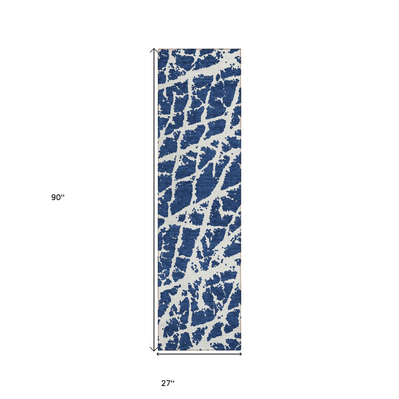 8' Runner Blue and White Abstract Washable Non Skid Indoor Outdoor Runner Rug