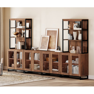 Meuble télé moderne avec bibliothèque à 3 niveaux, centre de divertissement de ferme avec 4 grands armoires de rangement et tablette réglable, console de télévision en bois avec portes en verre pour le salon