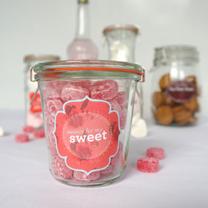 Filled glass jar labelled with a printable food and drink sticker