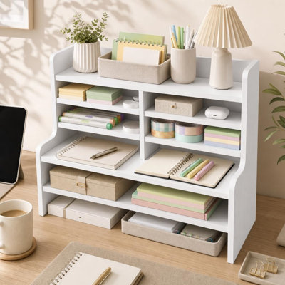 Desktop Organizer 6-Tier Wooden Craft Storage Rack, Adjustable Removable Shelves with Anti-Fall Baffles for Pens, Washi Tapes & Stickers, Small Office Desk Shelf for Home Office, Study & Craft Room