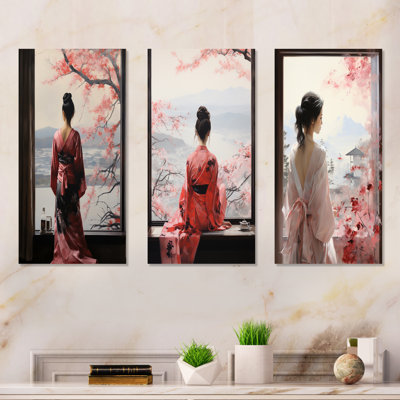 Pink Tree Japanese Woman Window View I - Japanese Metal Wall Art Set Of 3