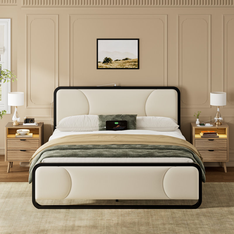 3 Piece Bedroom Sets, Arc-Shaped Upholstered Bed With 2 Drawers& 2 Wave-Patterned Nightstand, Beige/Natural, Queen