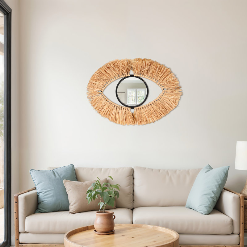 Metal Wall Decor Boho Eye Design with Mirror 24" Brown Metal Wood Glass Iron MDF for Home Office Bedroom Living Room.