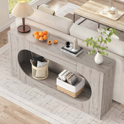 Console moderne en grain de bois gris, table d'entrée en panneau de particules avec tiroir de rangement, canapé d'appoint creux et ovale à découpes pour le couloir, le salon, la décoration