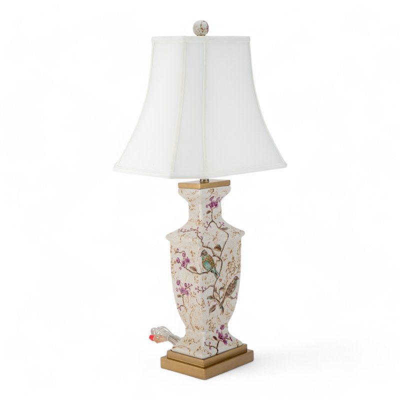 Lampe de table en porcelaine peinte à la main Spring Blossom avec base en bois doré