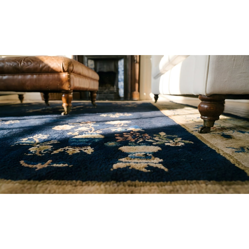 Wool Rectangle 1920s Hand Knotted Pile Blue Ivory Beige Cream White Antique Rug