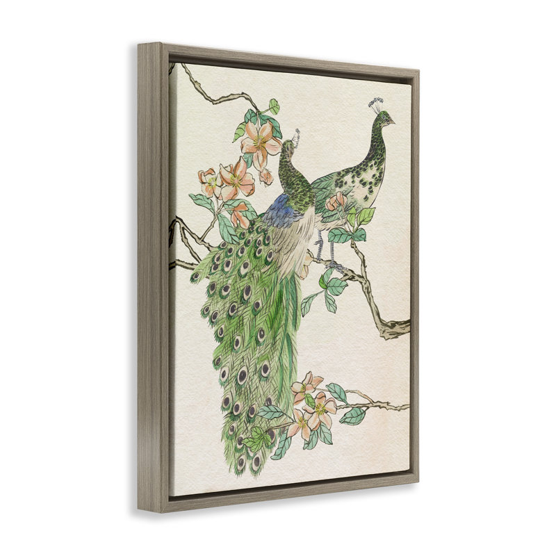"Peacock pair on Branch", art mural sur toile flottante par Melissa Wang, Cadre flottant orme Montalcino, H 21 po x l 17 po