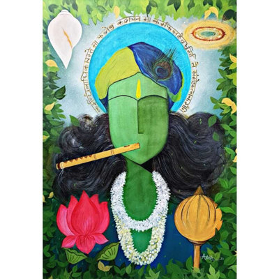 Abstrait, Lord Krishna avec flûte, peinture acrylique et technique mixte - 36 po x 24 po, art spirituel indien contemporain par Ashish Agarwal