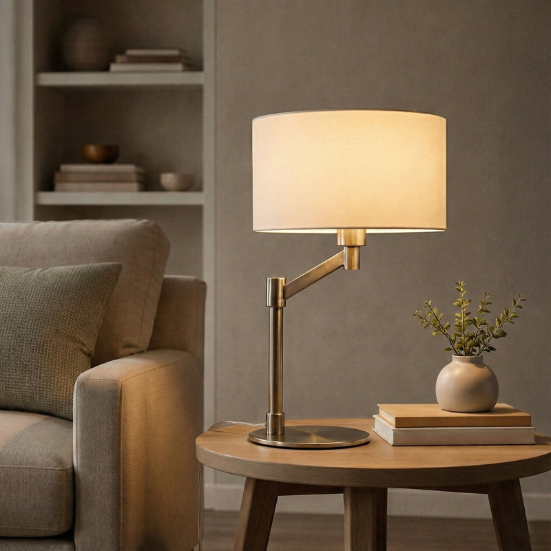 Lampe de table avec abat-jour incurvé et finition en nickel brossé Adstalla